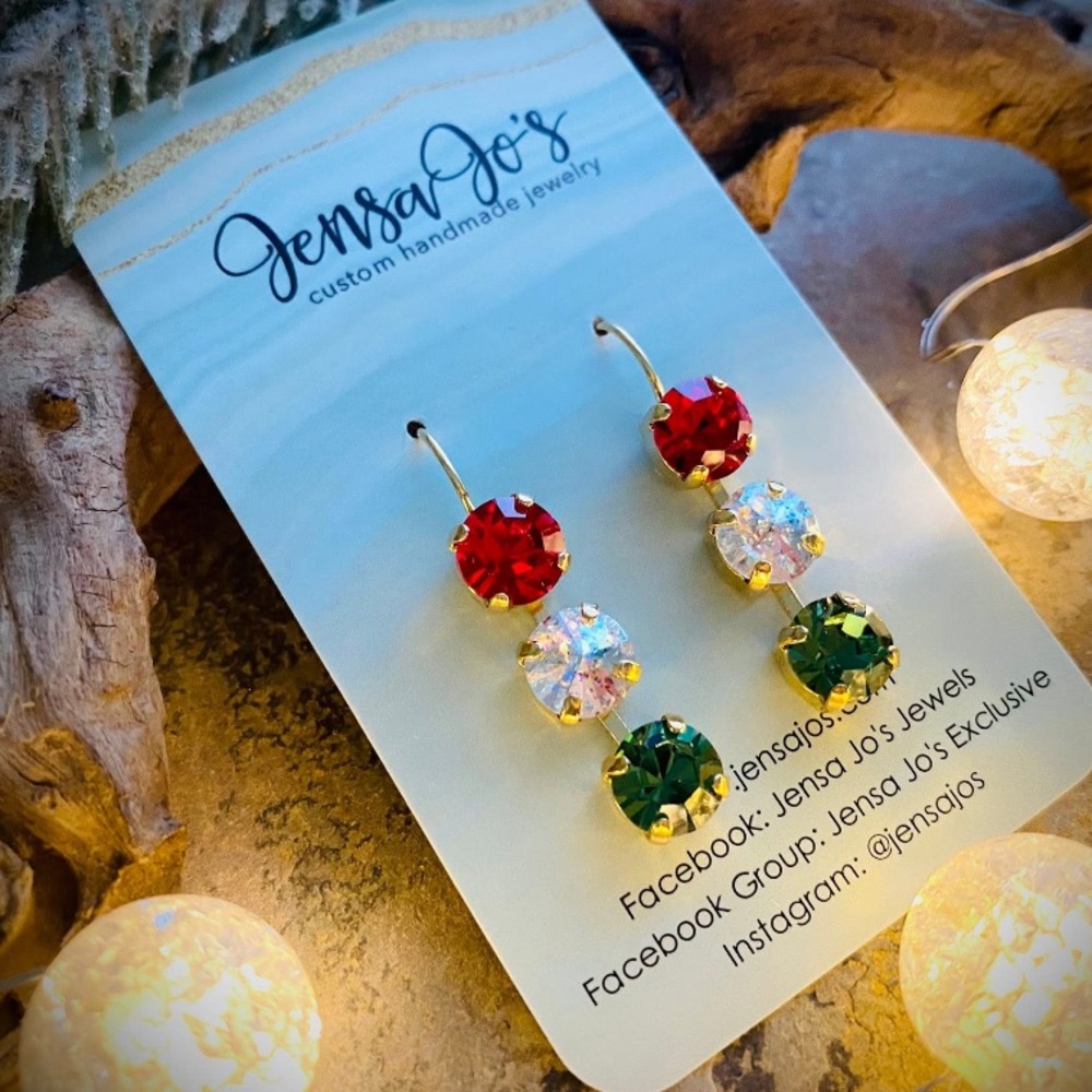 Jensa Jo’s 3 Drop Earrings Red Green Clear Rhinestones Set In Gold Christmas